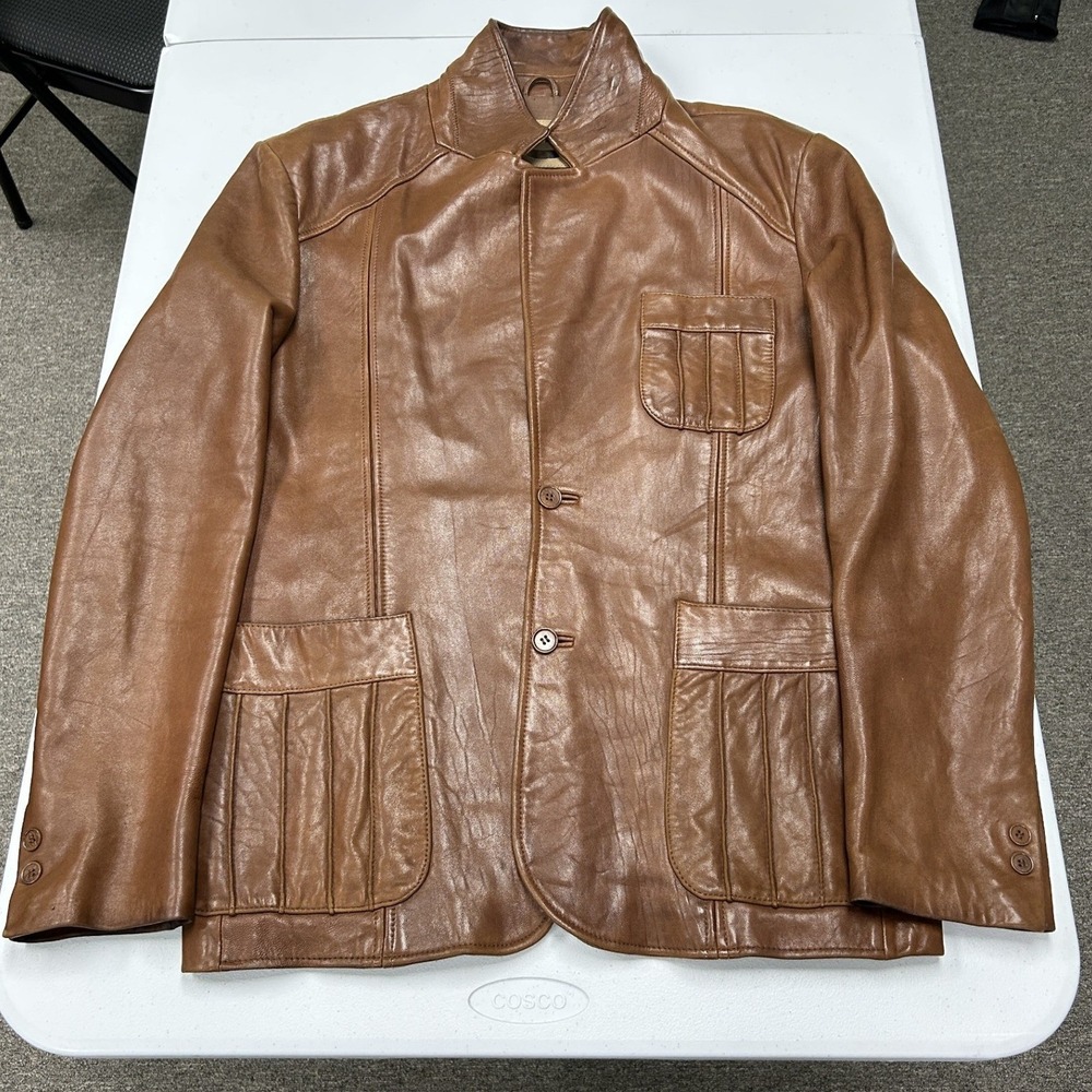 G Brand Leather Jacket Mens Large Brown Pleated Pocket Blazer M54P2836